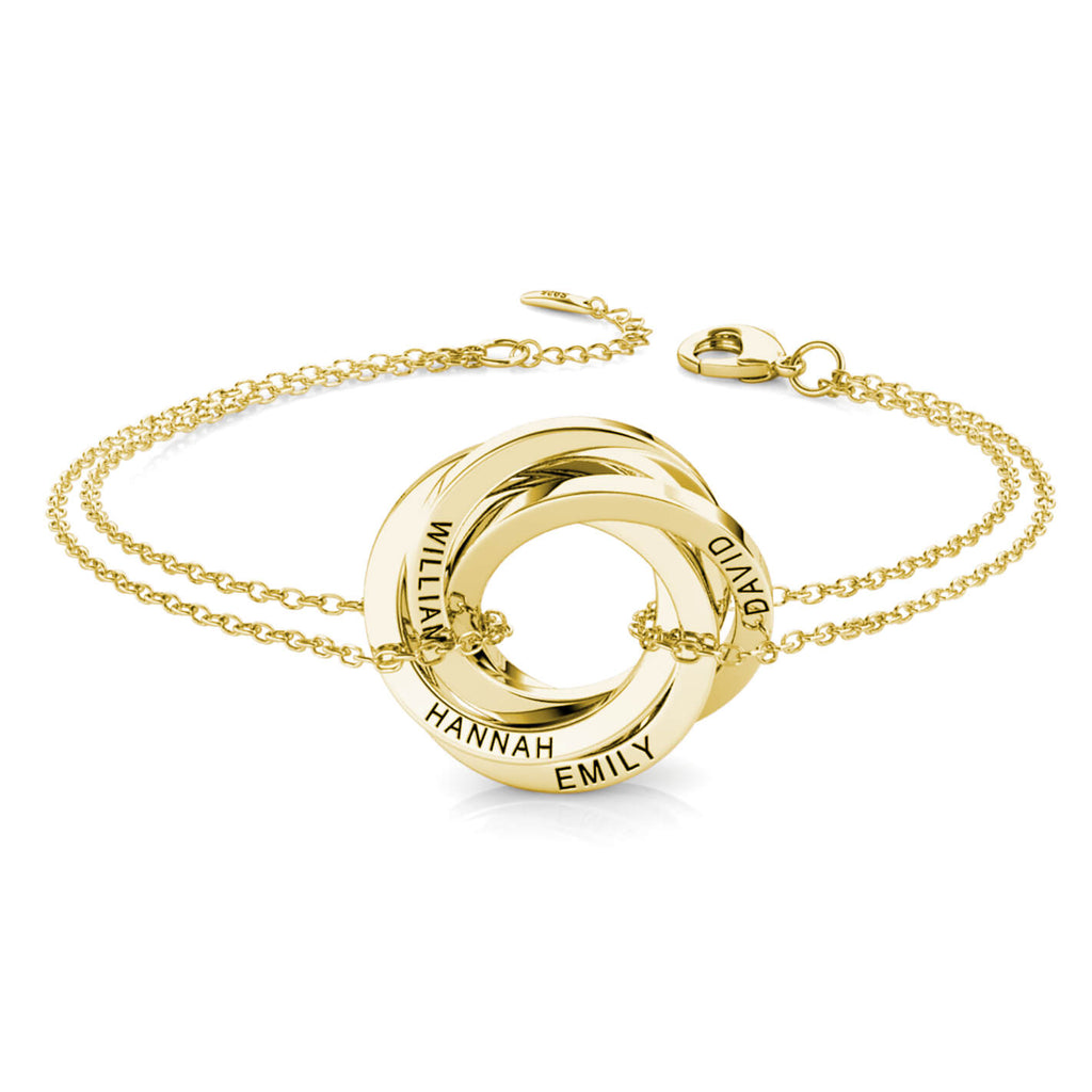 Personalised Russian 4 Ring Bracelet with Engraved Names Yellow Gold