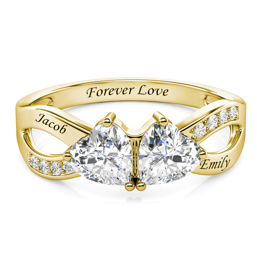 Personalised Two Heart Birthstones Ring with Two Engraved Names Yellow Gold