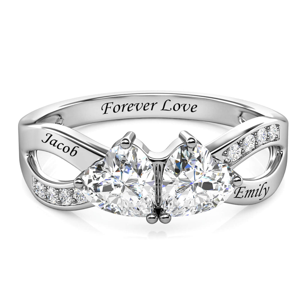 Personalised Two Heart Birthstones Ring with Two Engraved Names Sterling Silver