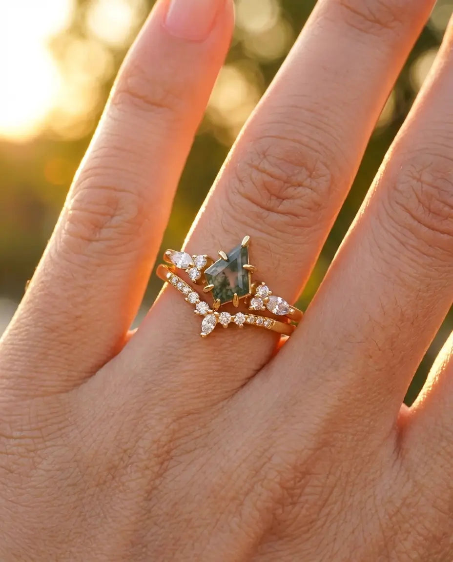 A Moss Agate Engagement Ring Set