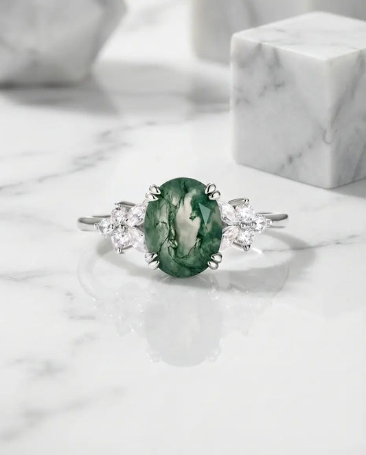 Oval-cut moss agate ring in sterling silver