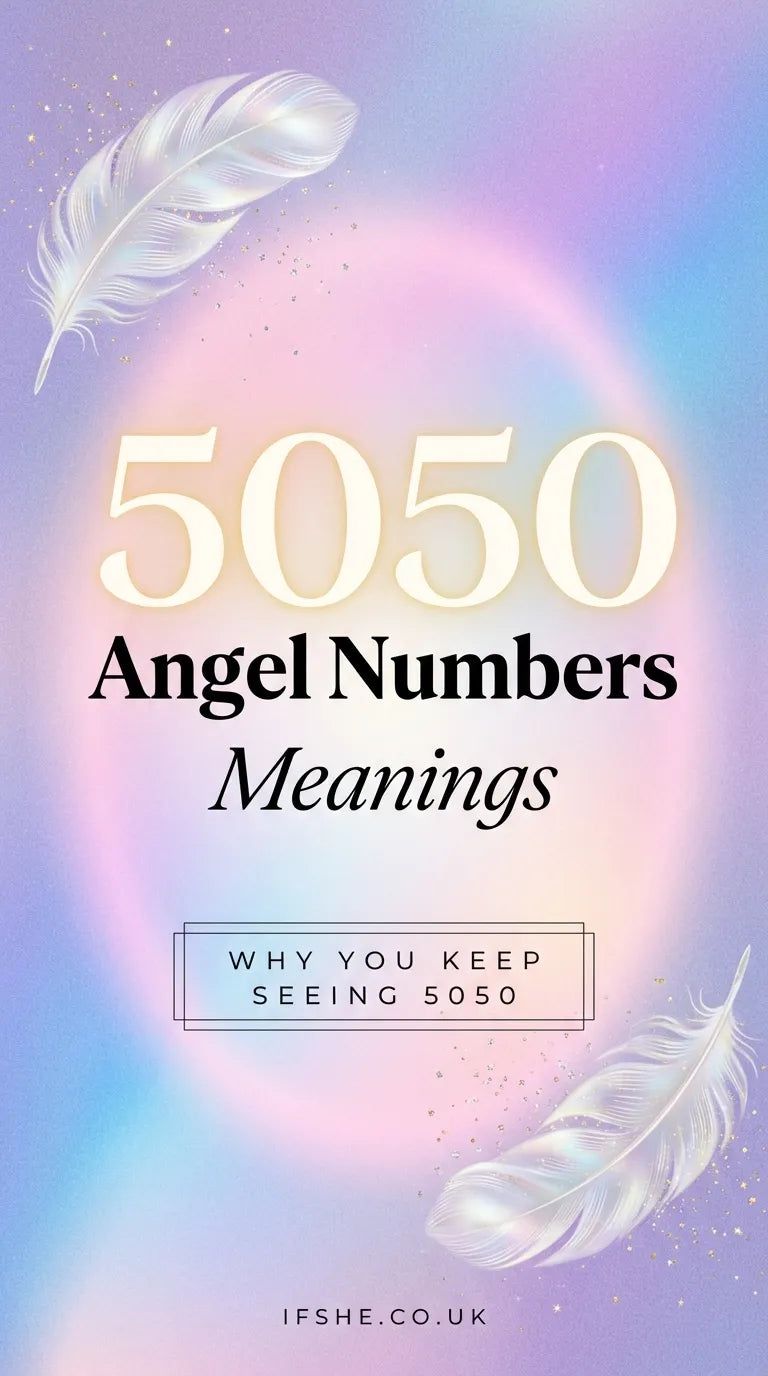 A spiritual aesthetic graphic showing the number 5050 glowing with a soft light against a starry sky background.