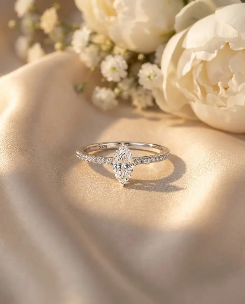 0.5ct Marquise Moissanite Ring - Dainty Pave Silver Engagement Ring - IfShe UK