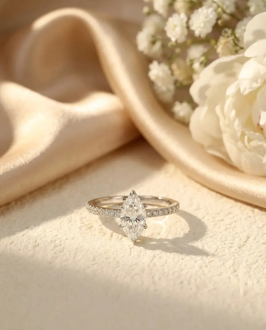 0.5ct Marquise Moissanite Ring - Dainty Pave Silver Engagement Ring - IfShe UK