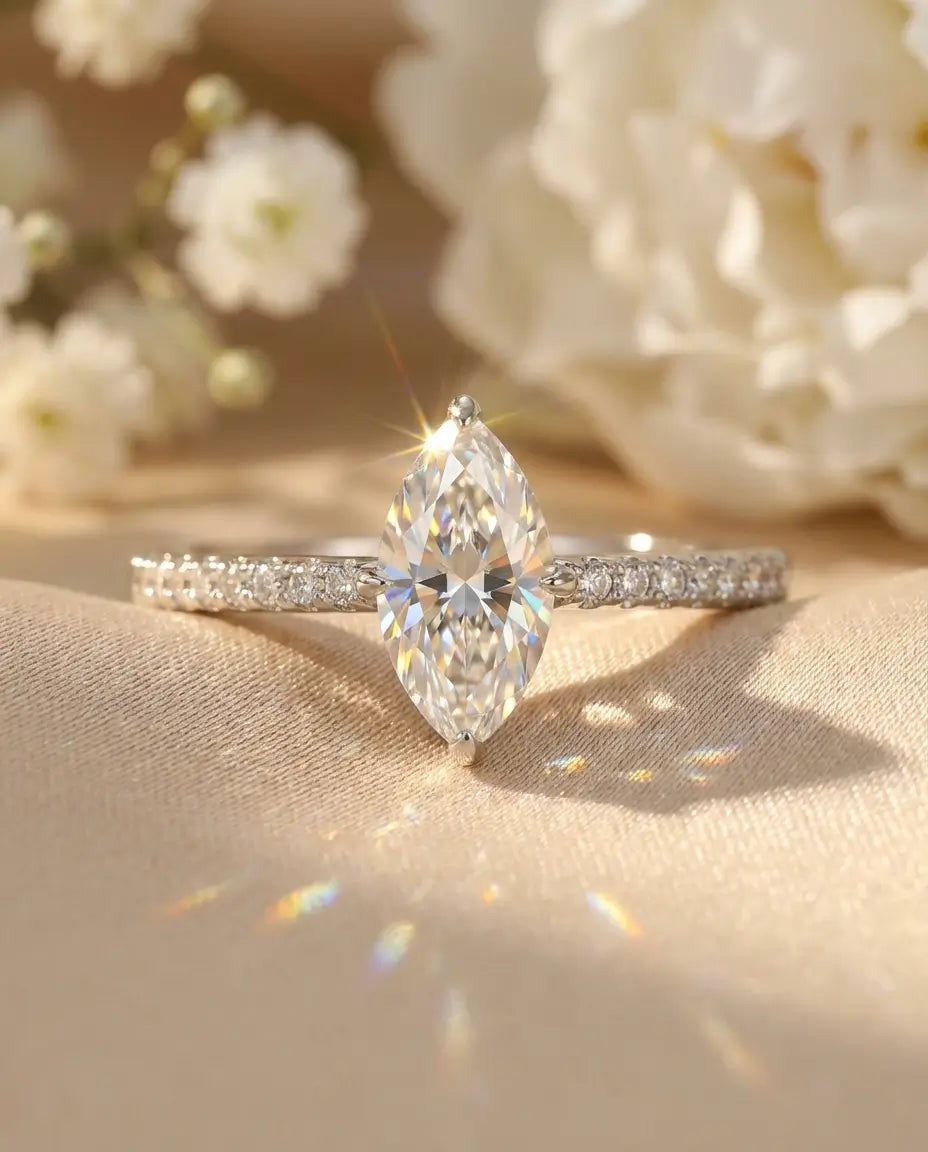 0.5ct Marquise Moissanite Ring - Dainty Pave Silver Engagement Ring - IfShe UK