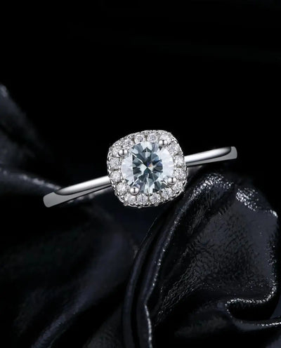 0.5ct Square Halo Moissanite Ring - Sterling Silver Cushion Halo Engagement Ring