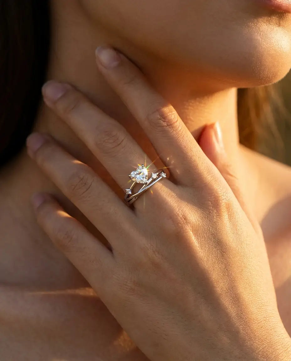 0.8ct Heart Cut Moissanite Ring - Multi-Layer Cross-Over Band in Sterling Silver - IfShe UK