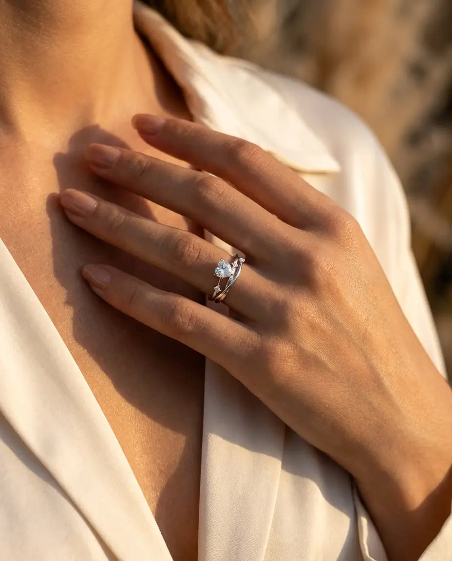 0.8ct Heart Cut Moissanite Ring - Multi-Layer Cross-Over Band in Sterling Silver - IfShe UK