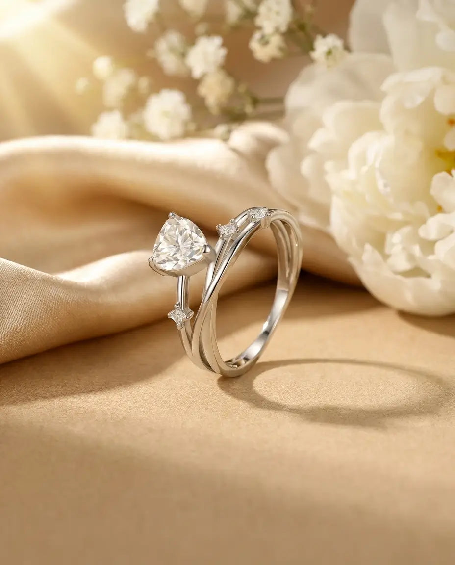 0.8ct Heart Cut Moissanite Ring - Multi-Layer Cross-Over Band in Sterling Silver - IfShe UK