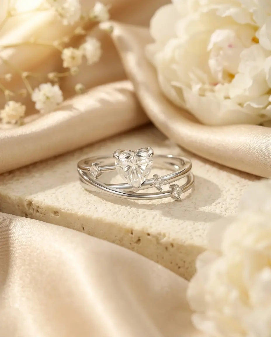 0.8ct Heart Cut Moissanite Ring - Multi-Layer Cross-Over Band in Sterling Silver - IfShe UK