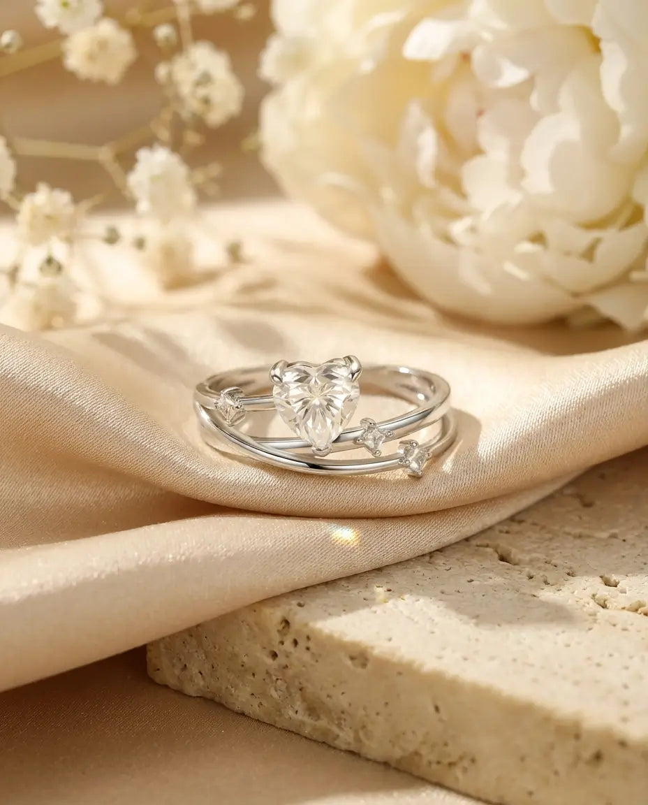 0.8ct Heart Cut Moissanite Ring - Multi-Layer Cross-Over Band in Sterling Silver - IfShe UK