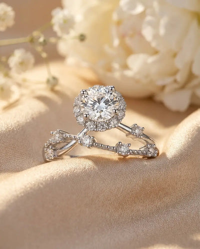 0.8ct Round Halo Moissanite Ring - Vintage Twisted Band in Sterling Silver