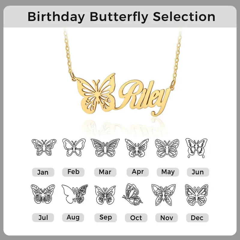 Personalised Butterfly Name Necklace Silver/Gold/Rose Gold, Custom Birth Month Name Necklace, Personalised Name Jewellery, 1-12 Birth Month Butterfly Name Necklace