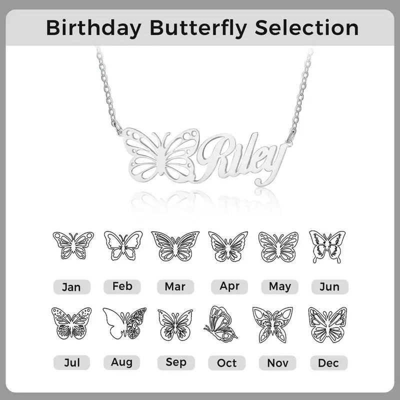 Personalised Butterfly Name Necklace Silver/Gold/Rose Gold, Custom Birth Month Name Necklace, Personalised Name Jewellery, 1-12 Birth Month Butterfly Name Necklace