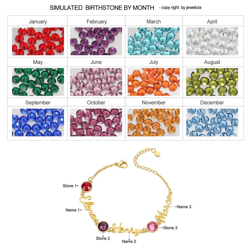 Personalised Name Bracelet with Birthstone | 1-5 Name Personalised Birthstone Bracelet
