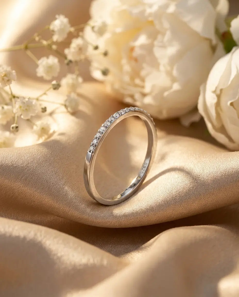 1.3mm Moissanite Pave Wedding Band - Dainty Sterling Silver Stacking Ring - IfShe UK