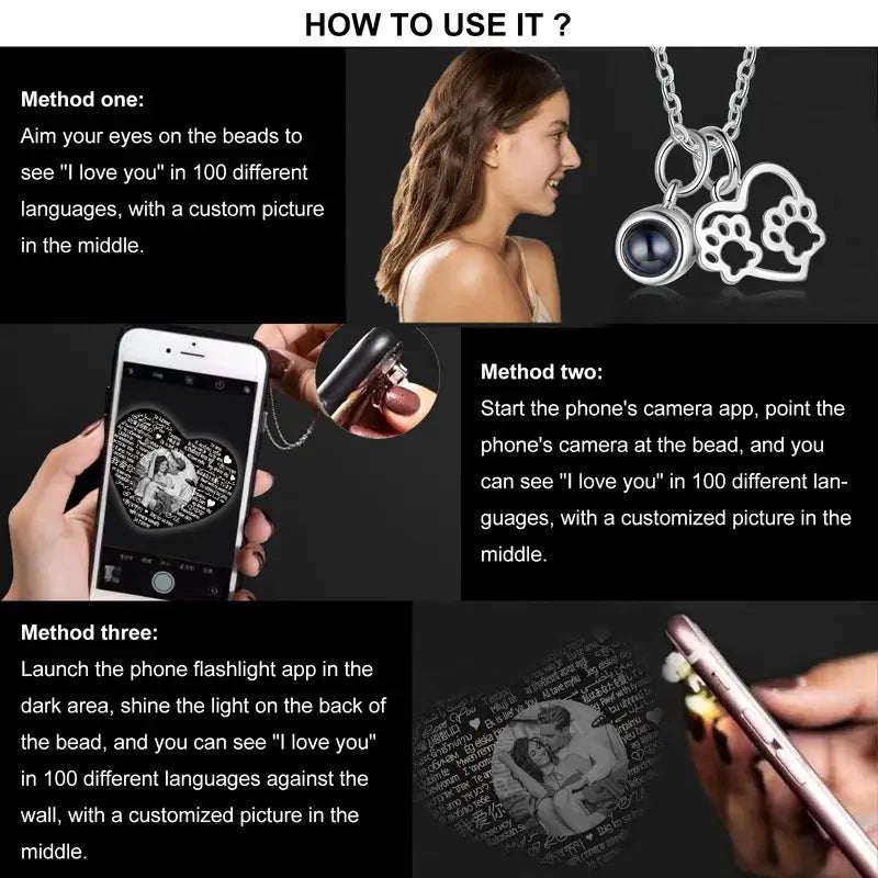 Personalised Photo Projection Necklace I Love You in 100 Languages