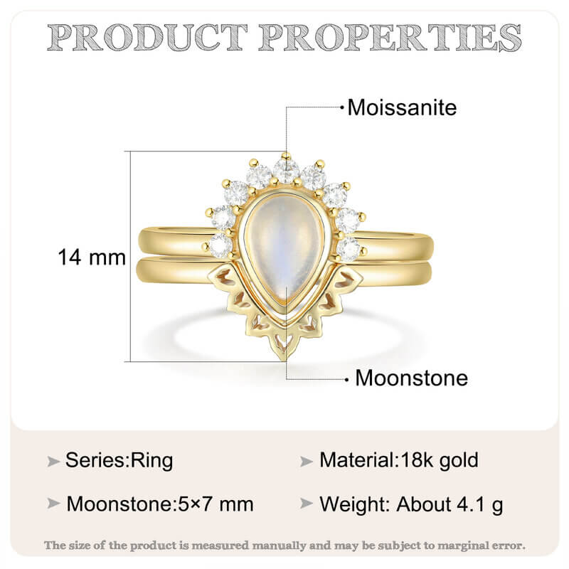 18K Gold Moonstone Ring Engagement Ring Set Pear Cut