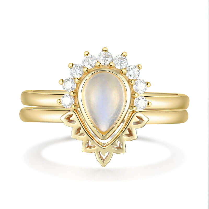 18K Gold Moonstone Ring Engagement Ring Set Pear Cut