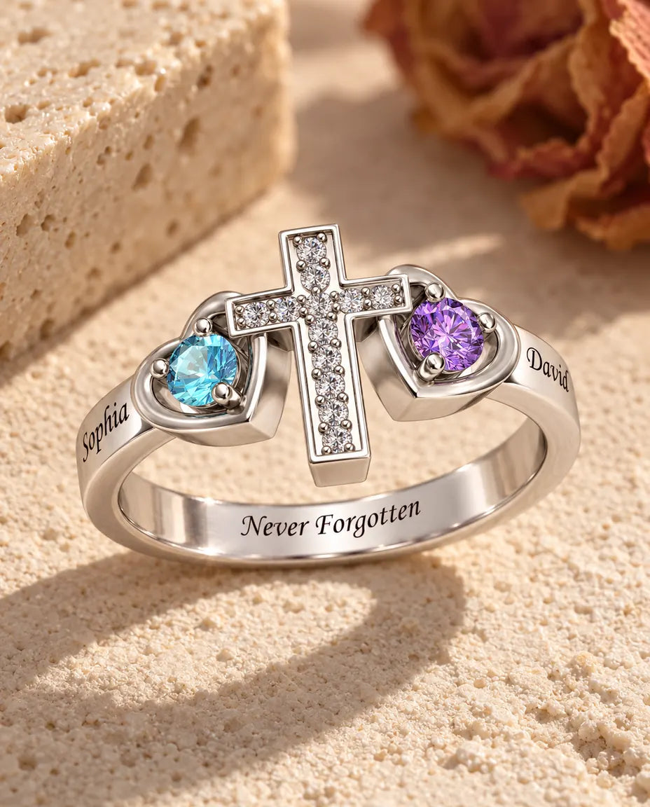 Cross Name Ring - three-quarter view showing names and birthstones