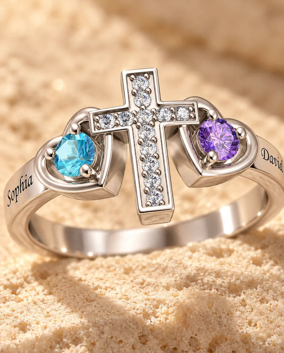 Cross Name Ring - close-up of the birthstones and engraved names