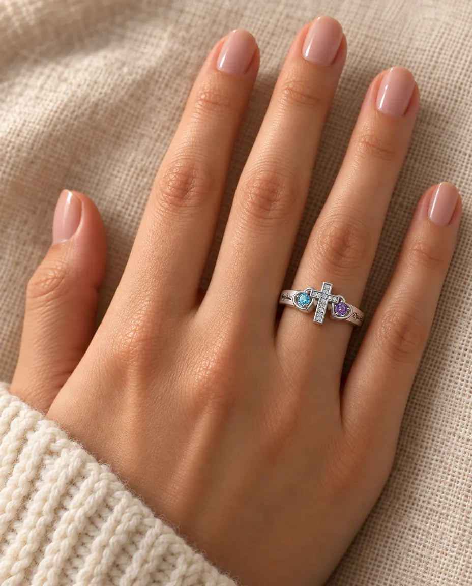 Cross Name Ring - worn on the hand, close-up