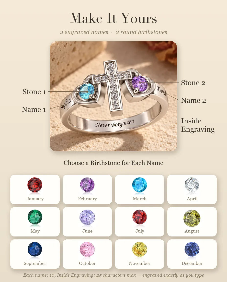 Cross Name Ring - personalisation guide: names, birthstones and inside engraving