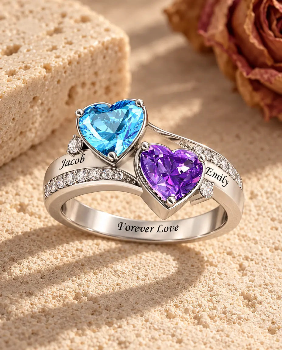 Personalised Name Ring for Her - three-quarter view showing names and birthstones