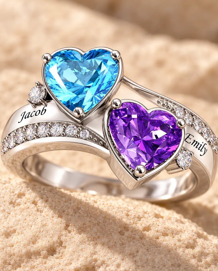 Personalised Name Ring for Her - close-up of the birthstones and engraved names