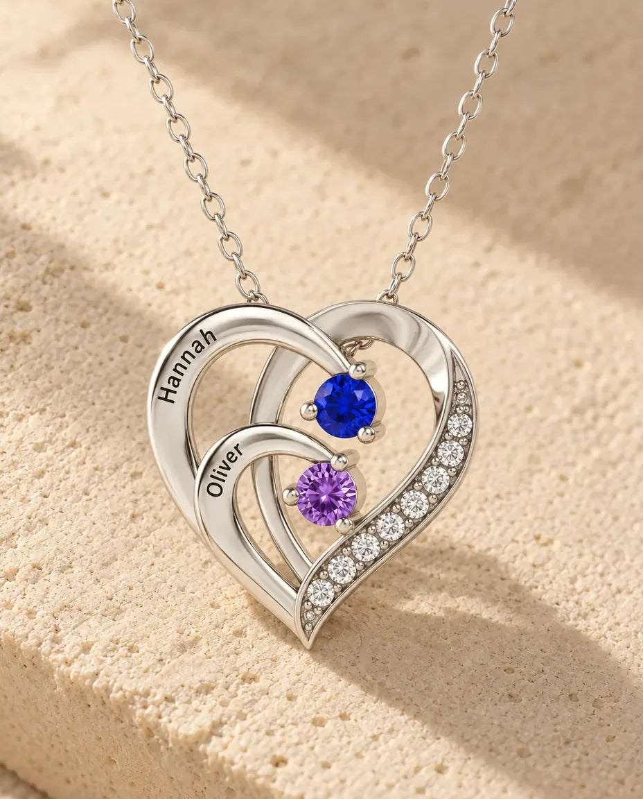 Personalised Birthstone Necklace - close-up of the engraved names and birthstones