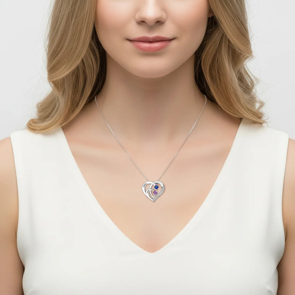 Engraved Sterling Silver Heart Personalised Necklace with Birthstones
