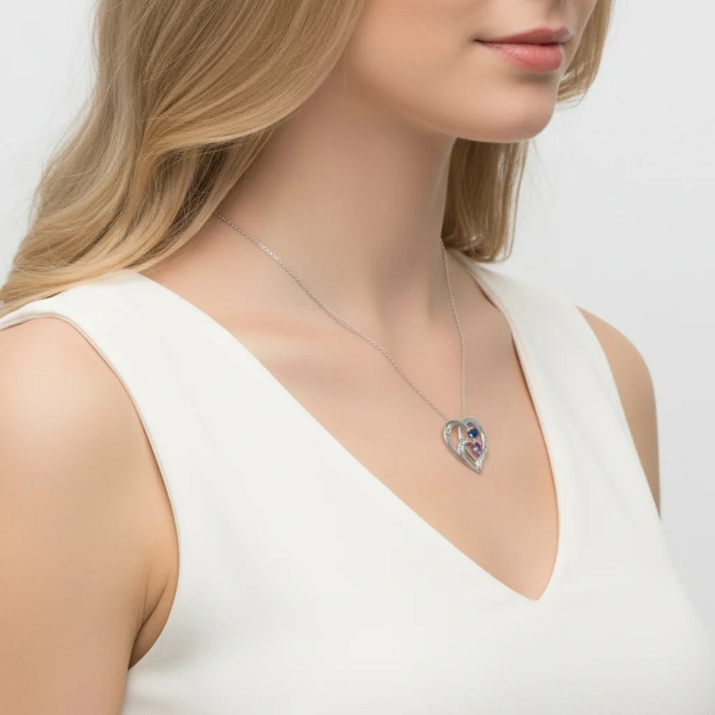 Engraved Sterling Silver Heart Personalised Necklace with Birthstones