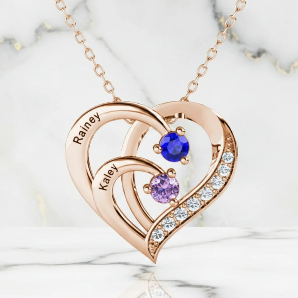 Engraved Sterling Silver Heart Personalised Necklace with Birthstones