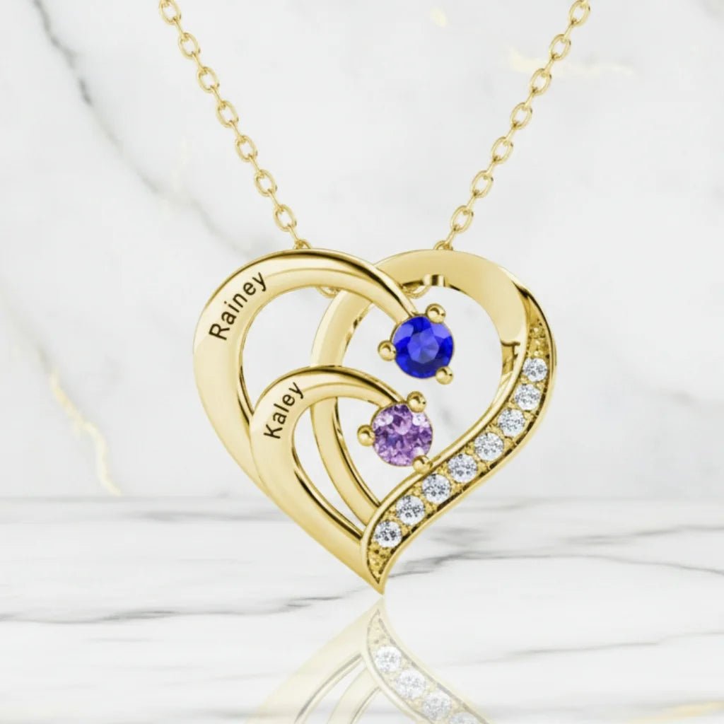 Engraved Sterling Silver Heart Personalised Necklace with Birthstones