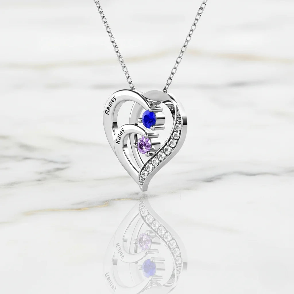 Engraved Sterling Silver Heart Personalised Necklace with Birthstones