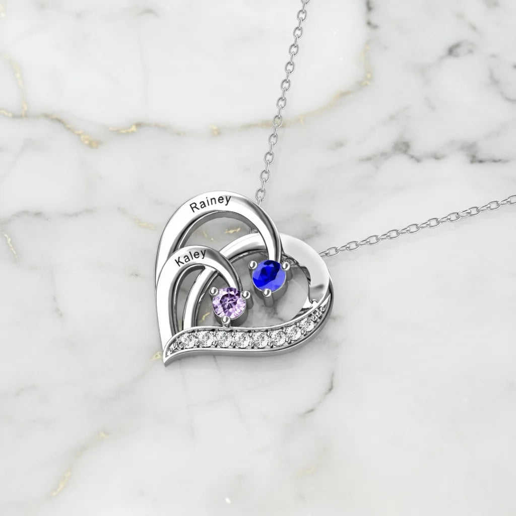 Engraved Sterling Silver Heart Personalised Necklace with Birthstones