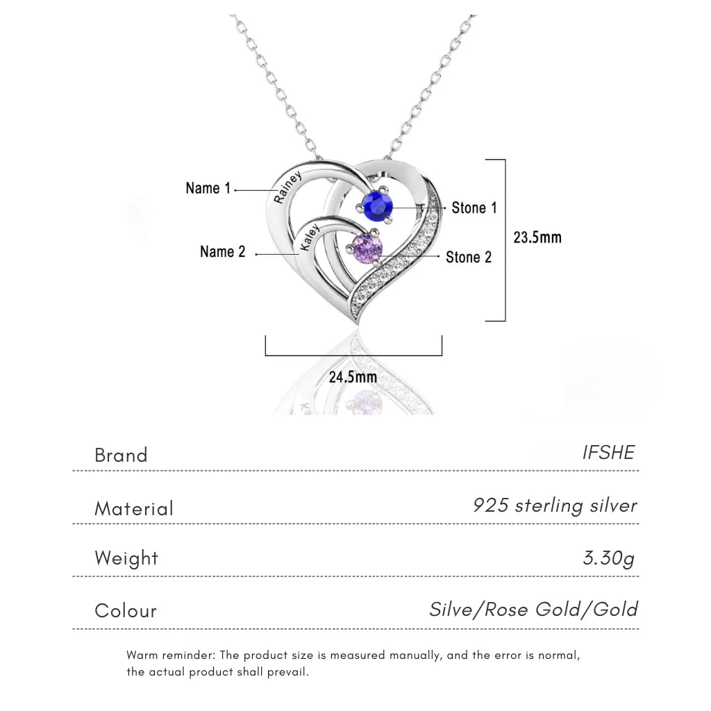 Engraved Sterling Silver Heart Personalised Necklace with Birthstones