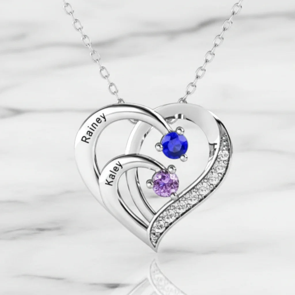 Engraved Sterling Silver Heart Personalised Necklace with Birthstones