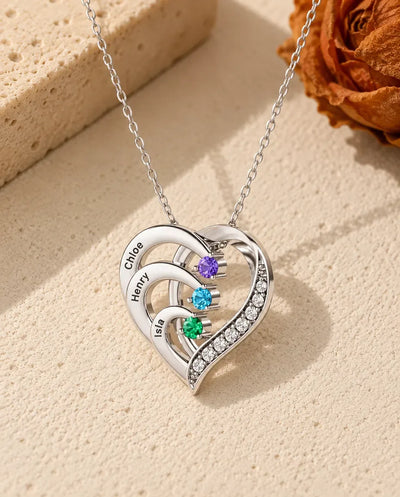 Personalised Birthstone Necklace for Her – Sterling Silver Heart Pendant with 3 Names, Mum Gift, Mother's Day