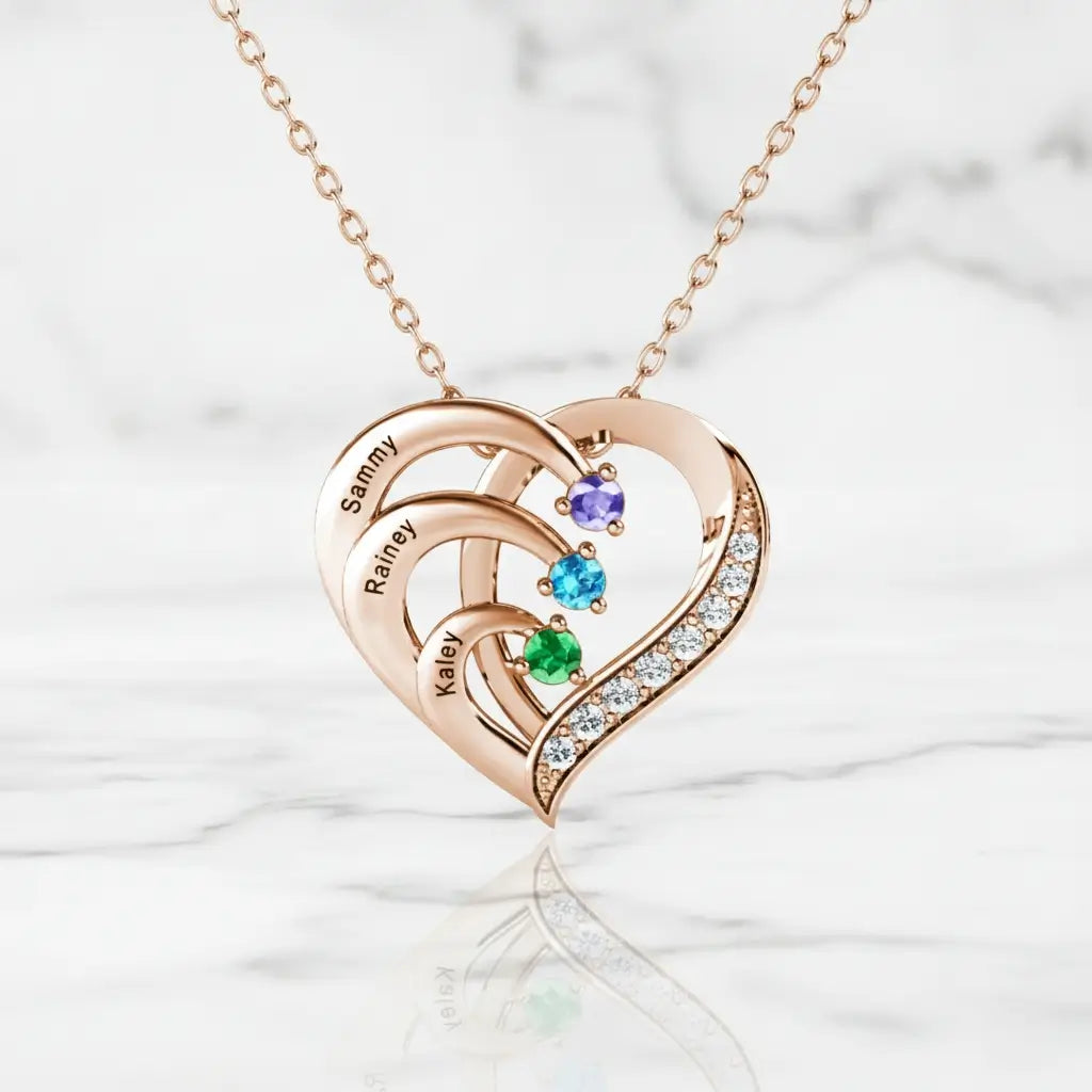 Sterling Silver Heart Name Personalised Necklace with 3 Birthstones