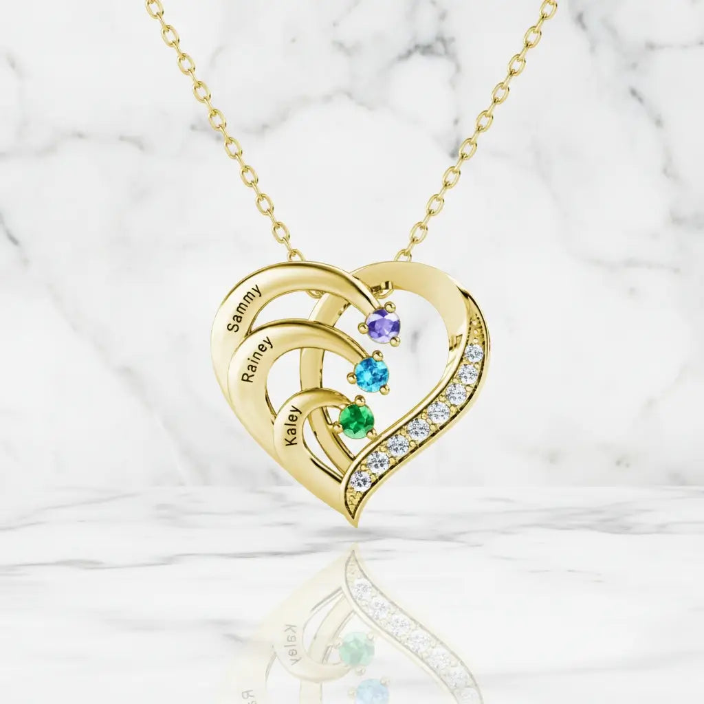 Sterling Silver Heart Name Personalised Necklace with 3 Birthstones