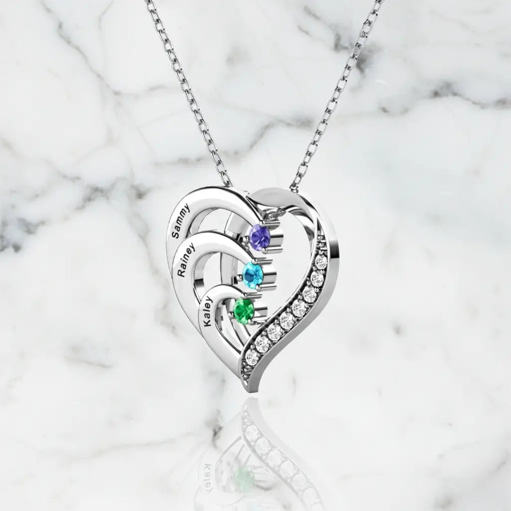 Sterling Silver Heart Name Personalised Necklace with 3 Birthstones