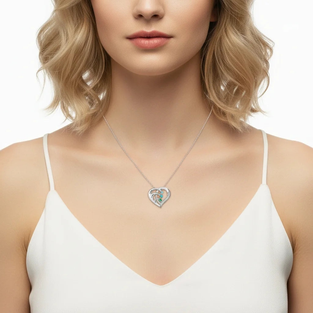 Sterling Silver Heart Name Personalised Necklace with 3 Birthstones
