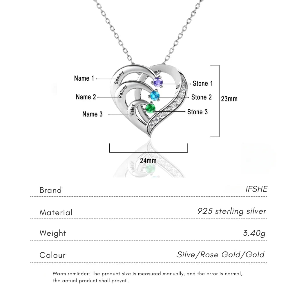 Sterling Silver Heart Name Personalised Necklace with 3 Birthstones