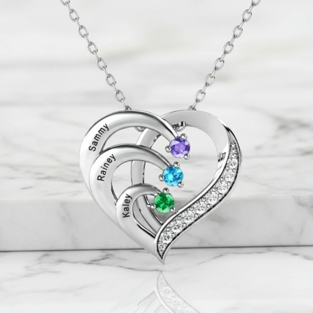 Sterling Silver Heart Name Personalised Necklace with 3 Birthstones
