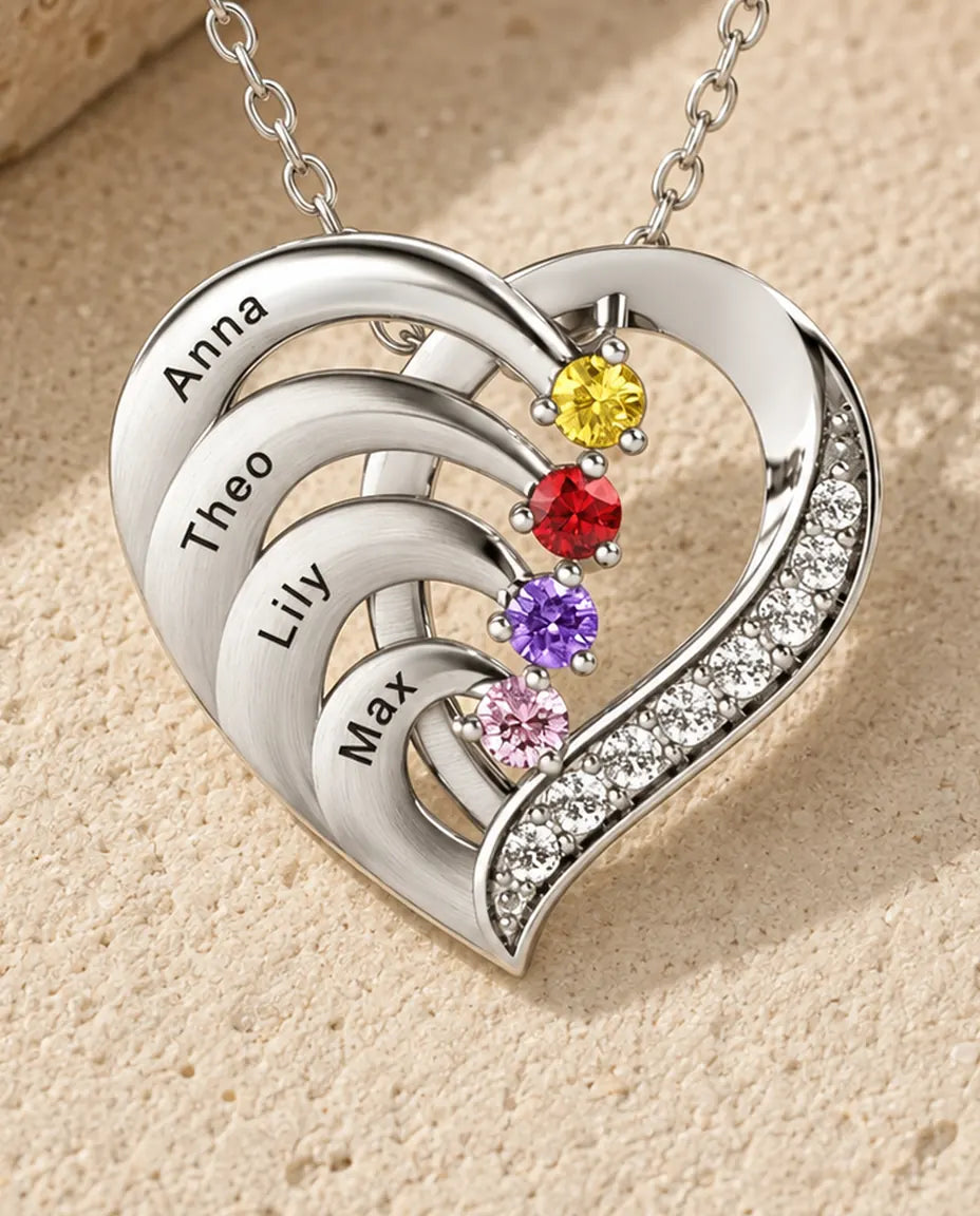 Personalised Birthstone Necklace for Mum - close-up of the engraved names and birthstones