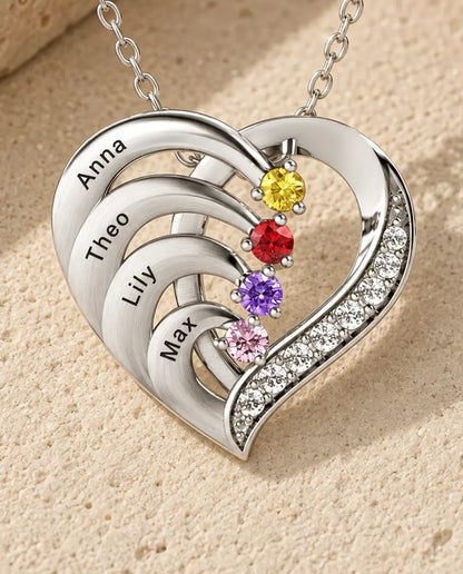 Personalised Birthstone Necklace for Mum - close-up of the engraved names and birthstones