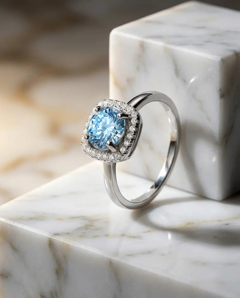 Classic Halo Sea Blue Moissanite Ring - 1 Carat VVS1 in 925 Sterling Silver IfShe UK