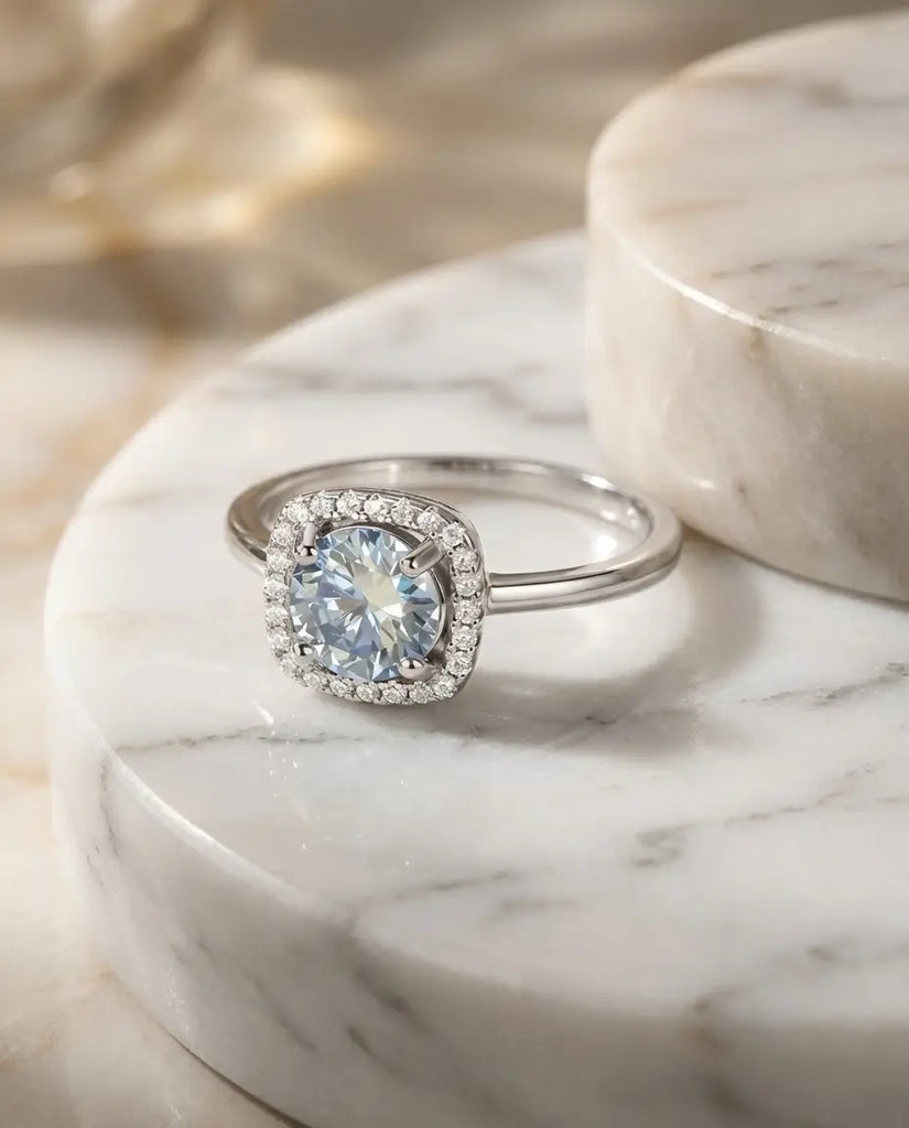Classic Halo Sea Blue Moissanite Ring - 1 Carat VVS1 in 925 Sterling Silver IfShe UK