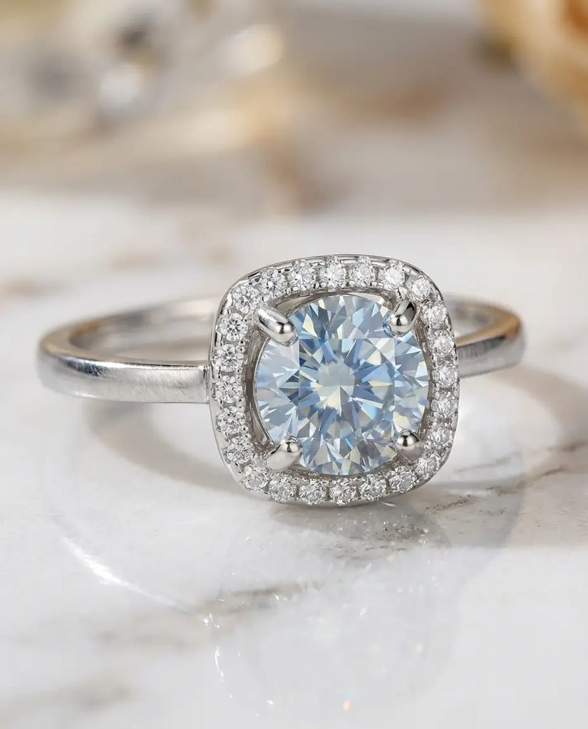 Classic Halo Sea Blue Moissanite Ring - 1 Carat VVS1 in 925 Sterling Silver IfShe UK